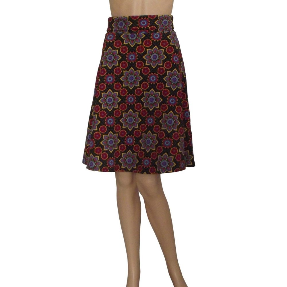 Lularoe Azure Skirt XS red yellow gray knee length rollover waist floral print